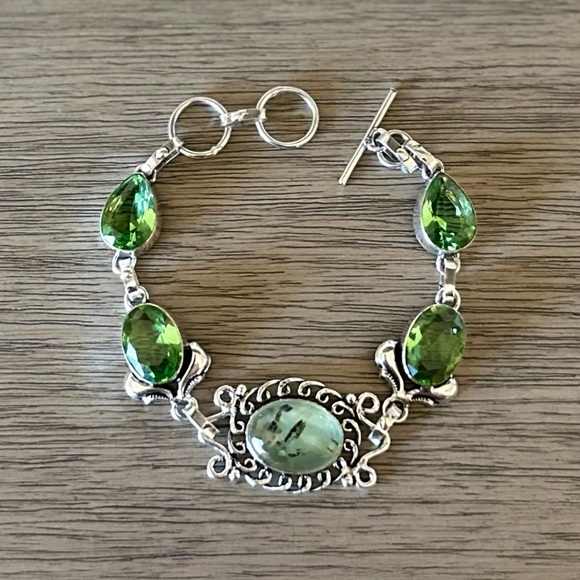 Hand Crafted Jewelry - 0998 Prehnite Peridot Bracelet Handmade Gemstone Silver Statement Jewelry